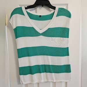 Green and White Striped V-Neck Sleeveless Sweater
